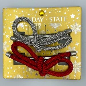 2 Rope Bow Red & Silver Barrettes NWT